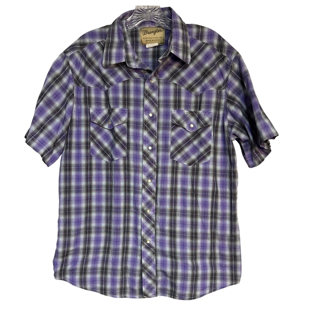 Wrangler Western Fashion Snap Shirt Mens Large Purple Black Plaid Short Sleeve